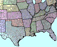 Adjacent counties share common boundaries. Counties nest within states.
